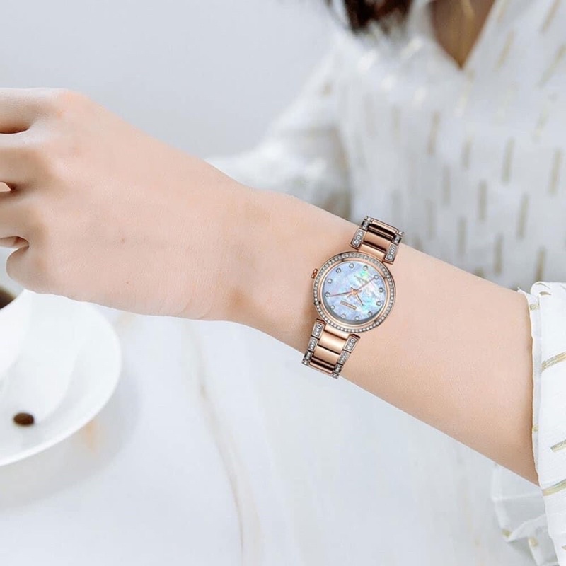 Đồng Hồ Nữ Citizen EM0843-51D Eco-Drive Đính Swarovski Xà Cừ Trắng Kính Sapphire 28mm