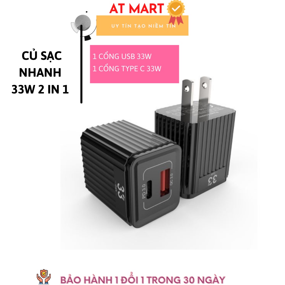 Cục sạc nhanh 33W hỗ trợ hai cổng USB-A Type-C 4.0 và PD 3.0 QC cho IPhone 13