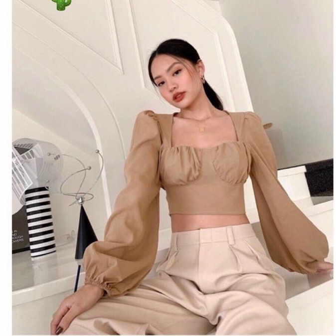 Áo kiểu tay phồng  cổ U cột nơ sau có mod kate lụa cao cấp