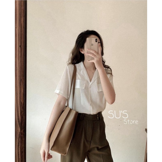 Áo sơ mi cổ vest cộc tay nữ - áo sơ mi công sở chất vải gân hàng quảng châu-2630