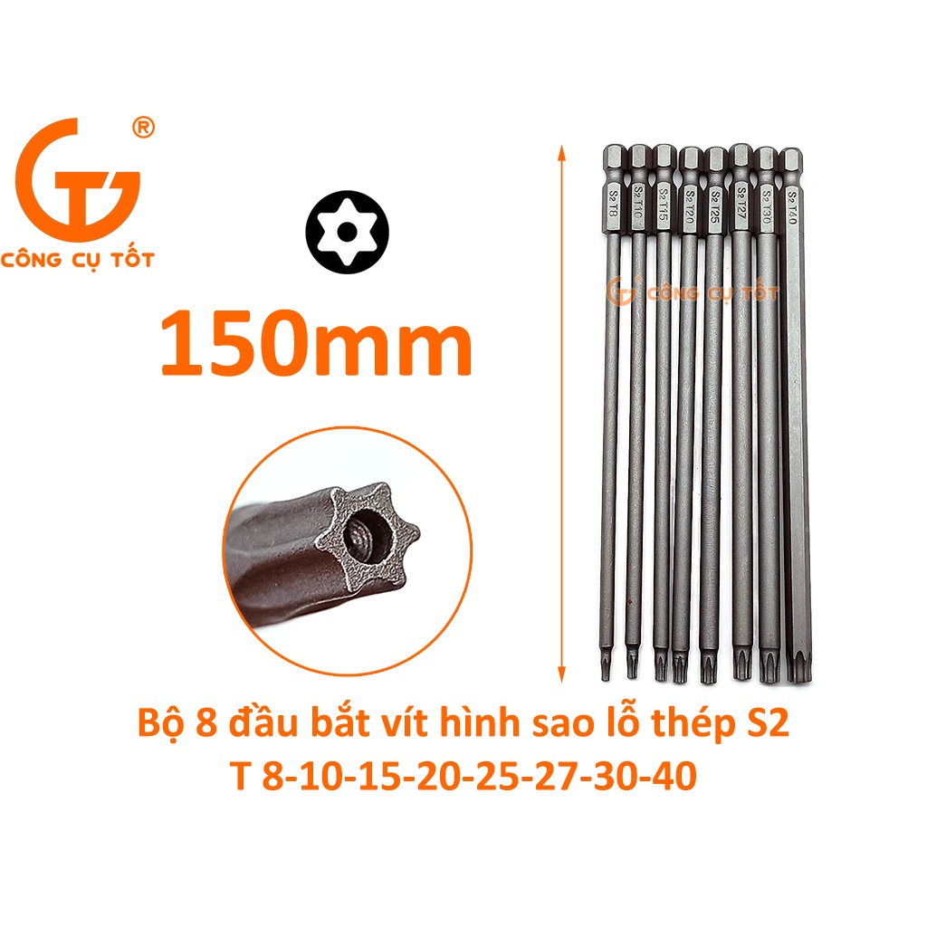 Bộ 8 đầu bắt vít hình sao lỗ 150mm các cỡ T8, T10, T15, T20, T25, T27, T30, T40