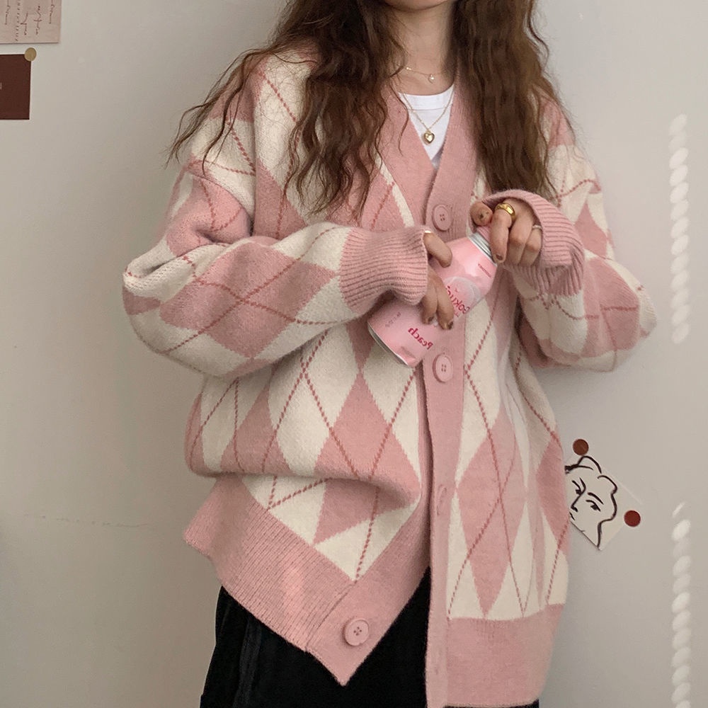 Áo khoác cardigan dệt kim dáng rộng họa tiết kim vương thời trang thu đông cho nữ