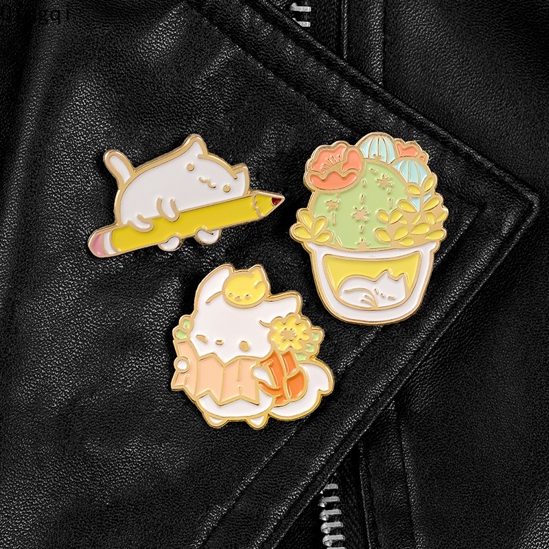 Ghim cài áo MISS ZOE tráng men hình mèo ngủ và chậu xương rồng dễ thương dùng làm quà tặng