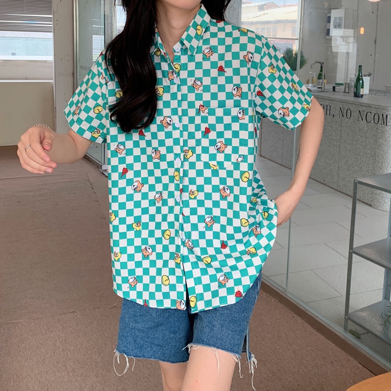 【ZHELIHANGFEI】Áo Sơ Mi Tay Ngắn Form Rộng Họa Tiết Sọc Theo Phong Cách Preppy Dễ Phối Đồ