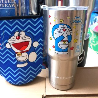 Combo ly giữ nhiệt 900ml doremon bạc kèm túi, 2 ống hút, cọ