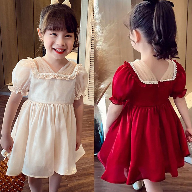 Girl Temperament French Bubble Sleeve Satin Streamer Princess Dress