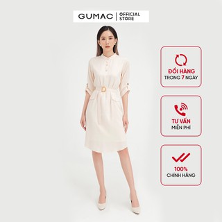  Đầm suông nữ cổ trụ phối đai GUMAC màu kem thiết kế thanh lịch DB5120