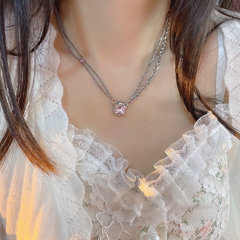 Vòng cổ Hai Lớp Đính Đá Pha Lê Hồng Tinh Tế Thời Trang Cho Nữ