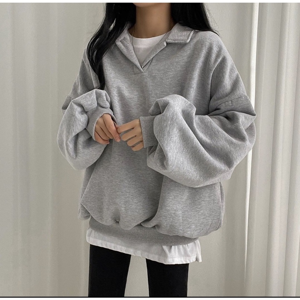 Áo Nỉ Cổ Polo PEONYB Nữ [FREESHIP]  Sweater form rộng tay bồng, hoodie trơn màu bánh bèo cá tính Ulzzang