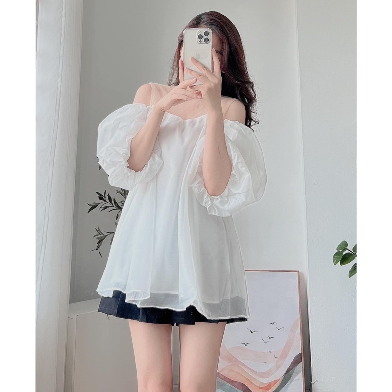 [Ảnh thật/Video]Áo babydoll trễ vai tiểu thư màu trắng xoè đính hạt  ngọc Áo trễ vai Hàn Quốc
