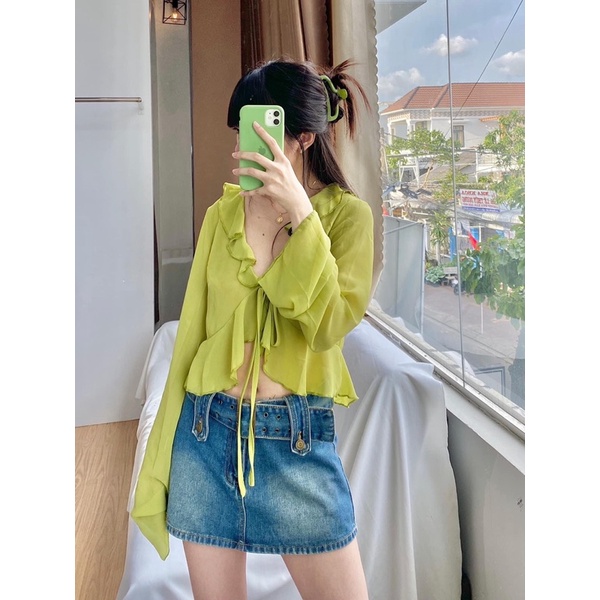 Ảnh thật - Áo voan xanh thắt nơ