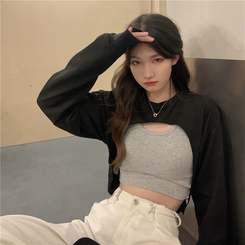 Áo croptop tay dài màu trơn thiết kế tối giản thời trang 2 màu tùy chọn cho nữ
