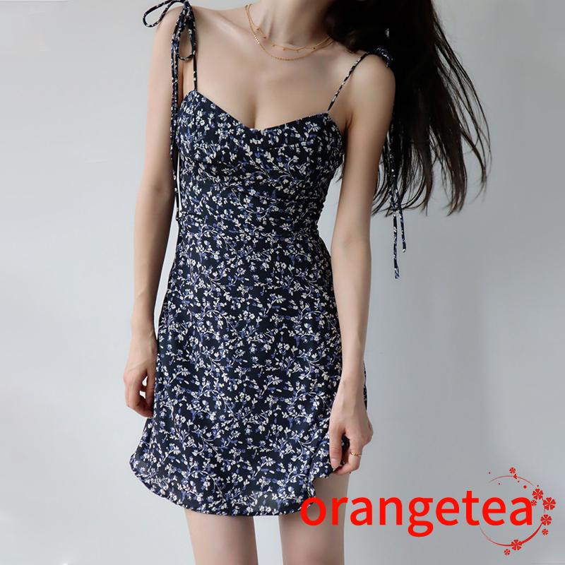 ORT-Women Backless Floral Print V-neck Slim-fit Tie-up Dress