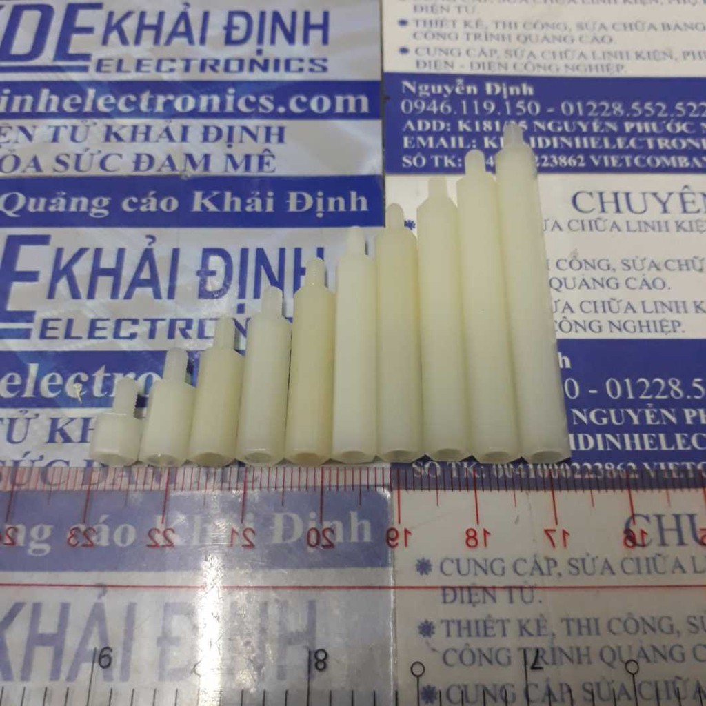 Cọc Nhựa lục giác M3 đầu đực cái (Đ-C), đầu vặn ốc dài 6mm, kích thước 5mm ~ 50mm kde0264