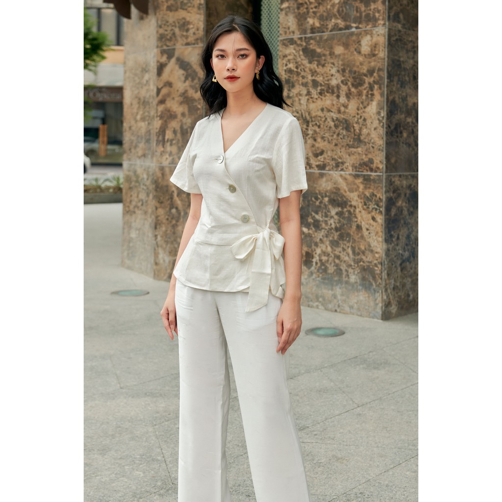 Áo thắt dây nữ YV LE & CO vải Linen màu trắng thanh lịch