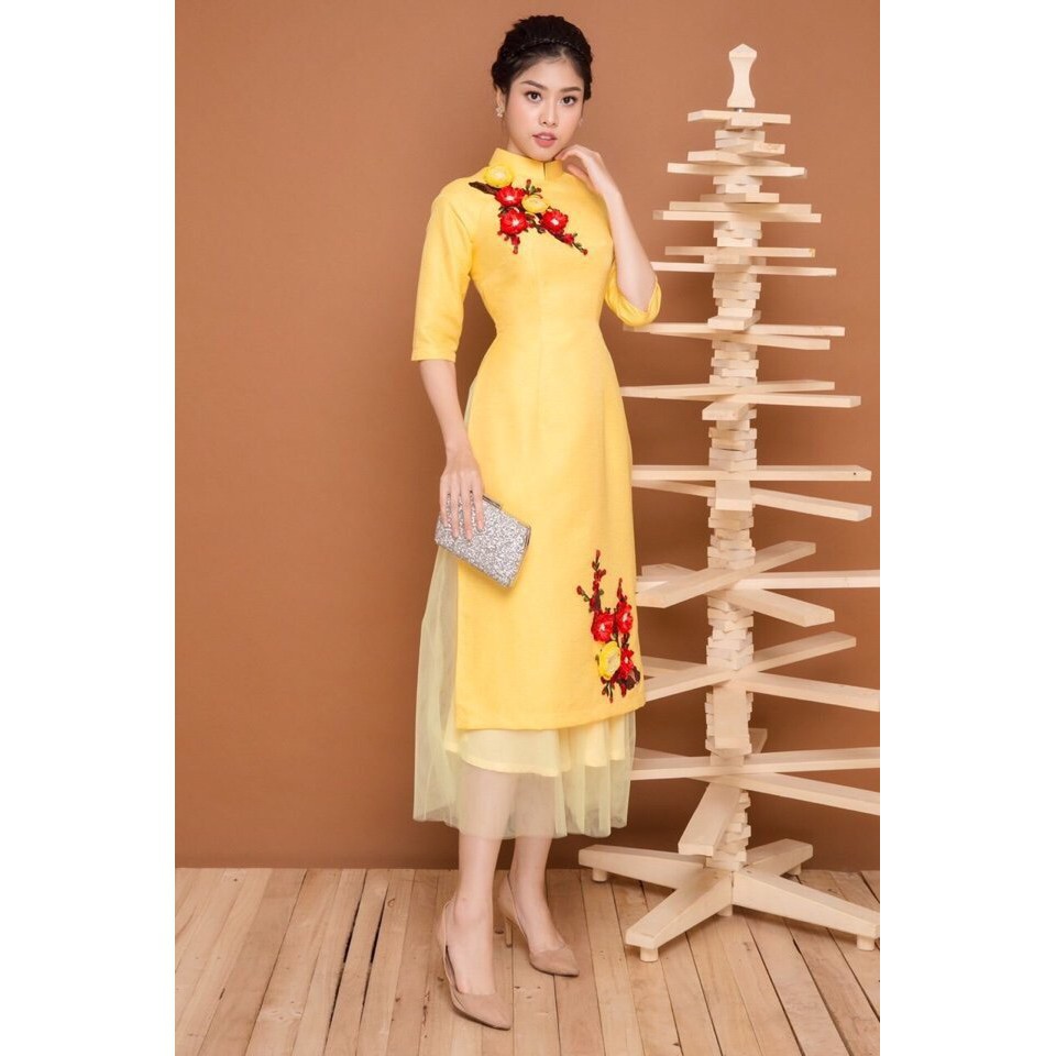 áo dài cách tân thêu hoa đào cao cấp - KHÔNG KÈM VÁY