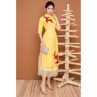 áo dài cách tân thêu hoa đào cao cấp - KHÔNG KÈM VÁY