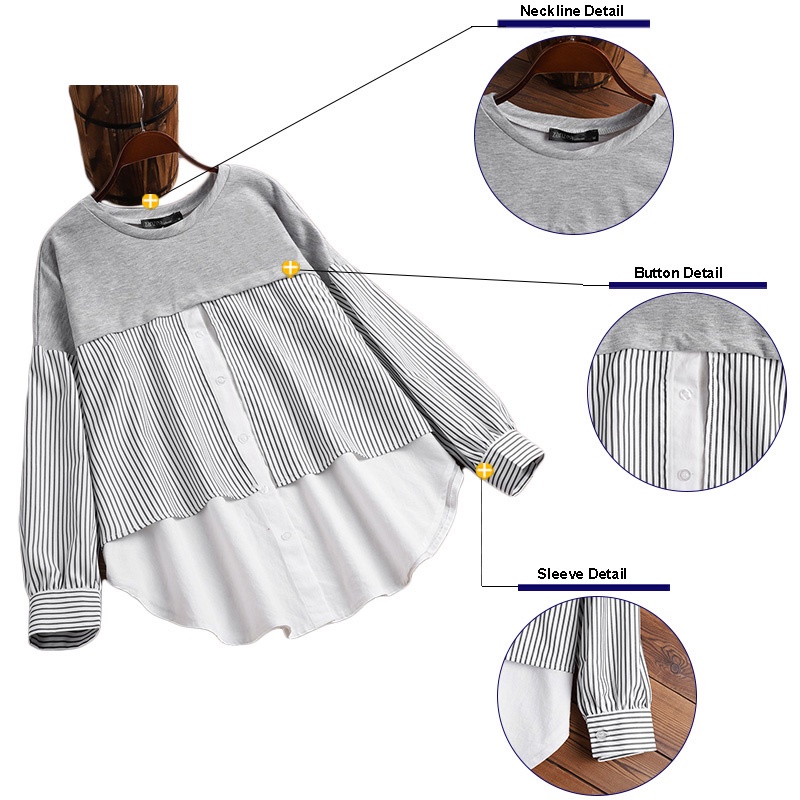 Áo cotton ZANZEA dài tay hoạ tiết sọc giả hai mảnh cổ điển cho nữ