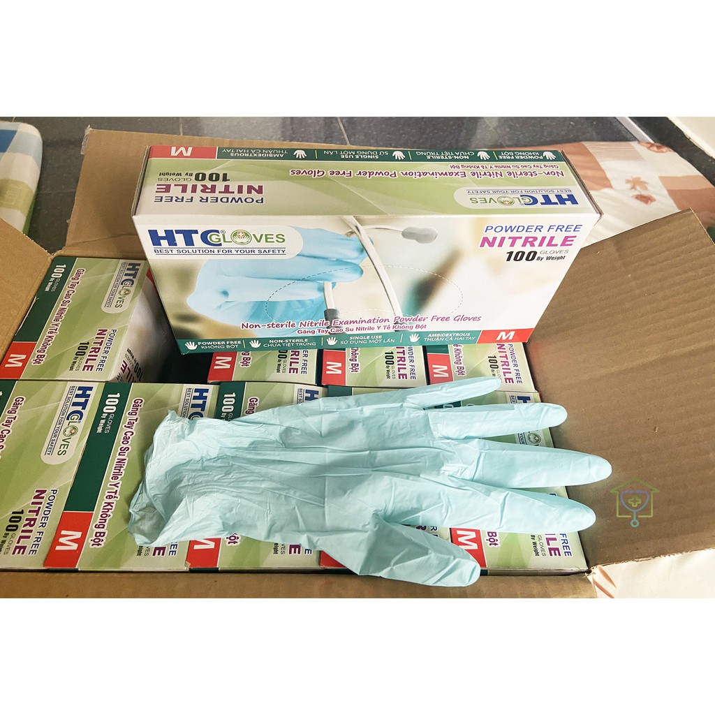 Găng Tay Cao Su Y Tế Cao cấp HTC Không Bột Nitrile – Màu Xanh Ngọc (TEAL BLUE) Đủ Size S M L / Hộp 100 Chiếc