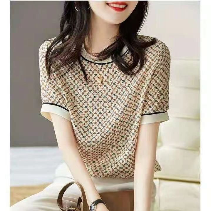 Áo Thun Tay Ngắn Bằng Lụa Băng In Họa Tiết Phong Cách Phương Tây Dành Cho Nữ