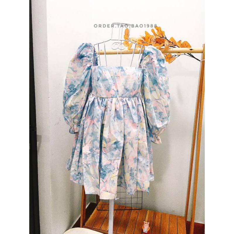[Mã FAGREEN1505 giảm tới 30K đơn 99K] Đầm dáng xòe babydoll cổ vuông vải hoa loang màu xanh size S/M/L | BigBuy360 - bigbuy360.vn