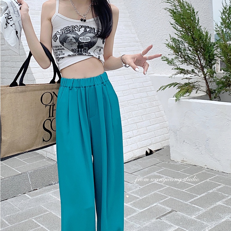 SUXI Quần ống rộng Lưng Cao Co Giãn Màu Sắc Đơn Giản Thời Trang Mùa Hè Cho Nữ