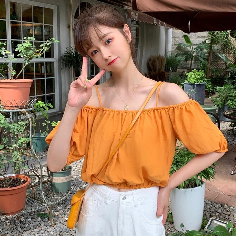 Áo hai dây ngắn trễ vai dáng rộng thời trang Hàn Quốc có 2 màu tùy chọn size S-L 935