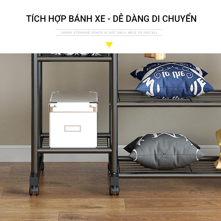 [𝐊𝐞̀𝐦 𝐛𝐚́𝐧𝐡 𝐱𝐞] Giá kệ treo quần áo 2 thanh có bánh xe, kèm theo các tầng để đồ gấp gọn | BigBuy360 - bigbuy360.vn