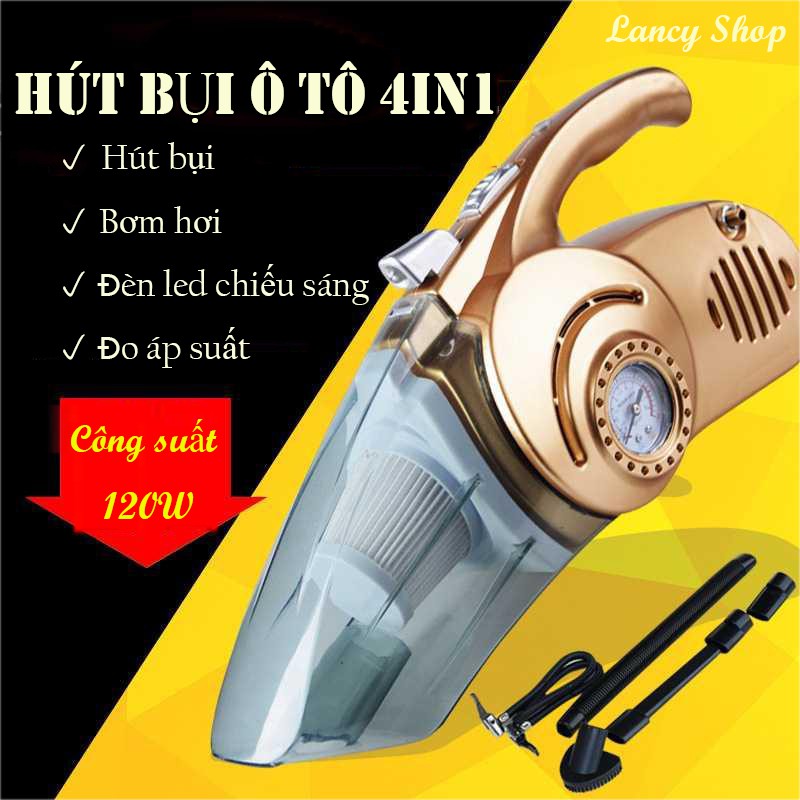 Máy Hút Bụi Ô Tô Xe Hơi Mini Cầm Tay Đa Năng 4 trong 1 Kiêm Bơm Lốp Xe Đèn Pin Và Đo Áp Suất Xe