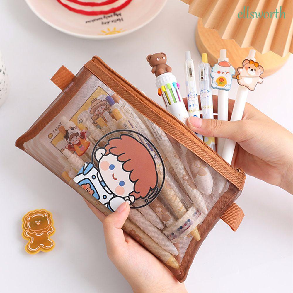 Túi Lưới Đựng Bút Trong Suốt Sức Chứa Lớn In Hình Gấu / Phi Hành Gia Kawaii