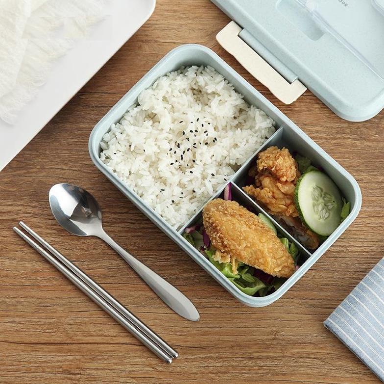 Hộp Đựng Cơm Chia làm 3 Ngăn Lúa Mạch Giữ Nhiệt Tặng Kèm Đũa Thìa Cao Cấp