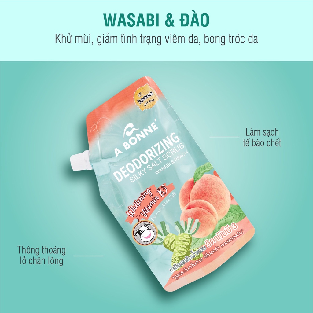 Muối Tắm Khử Mùi Thái Lan A Bonne' Deodorizing Silky Salt Scrub - Wasabi Và Đào Túi 350g Có Vòi