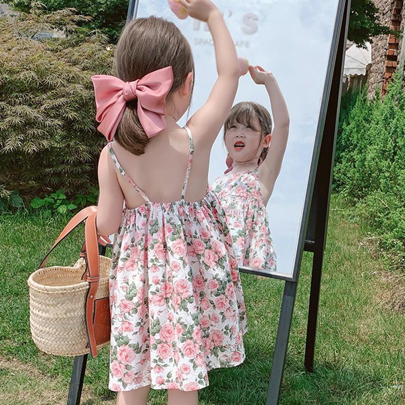 Đầm Công Chúa Hai Dây Hở Lưng In Hoa Phong Cách Hàn Quốc Cho Bé Gái