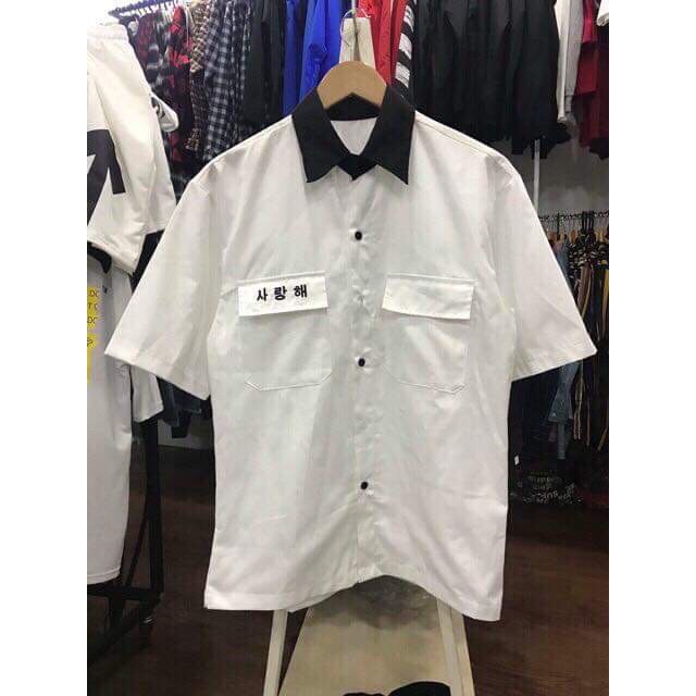 Áo sơ mi tay lỡ điệu đà phong cách HQ in chữ hànFREE SHIP