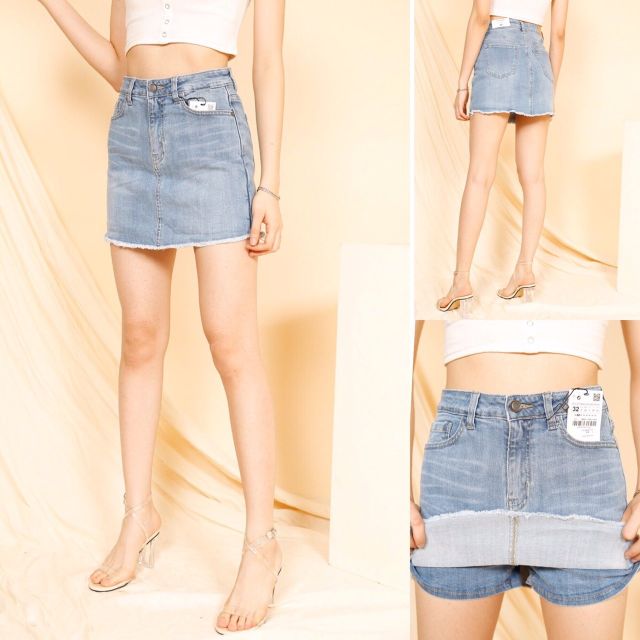 Quần sort váy jean trơn lai tua rua nhẹ - 076Abbianca | BigBuy360 - bigbuy360.vn