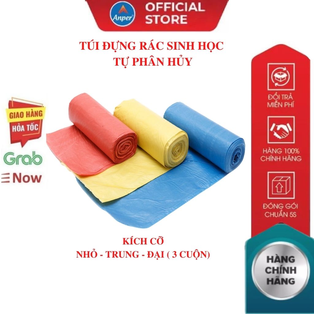 3 Cuộn (1kg) túi đựng rác sinh học tự phân hủy cỡ nhỏ, trung, đại loại màu và đen