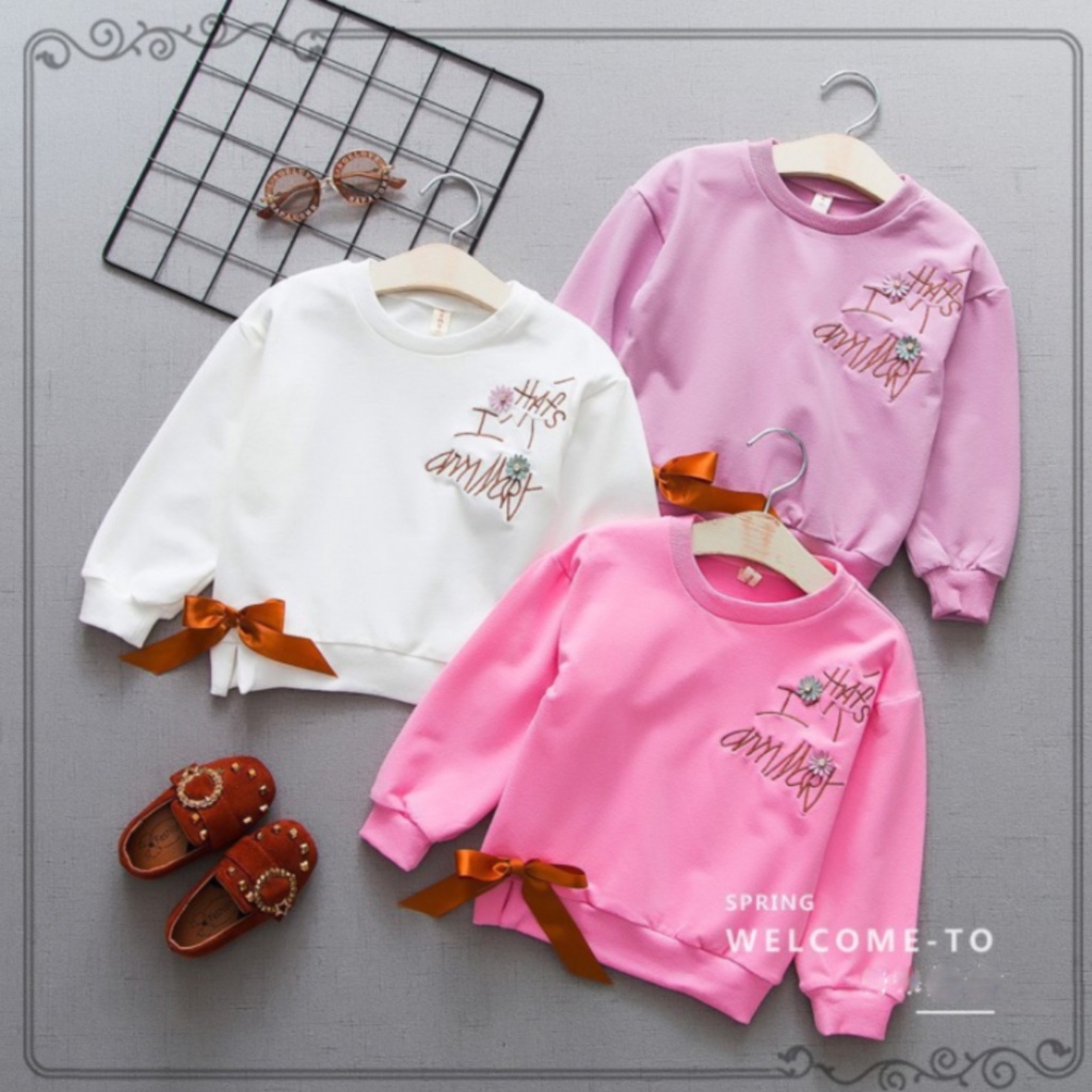 Áo thu đông bé gái họa tiết thêu chữ đính hoa và nơ bo gấu xinh xắn size 12-20kg AT