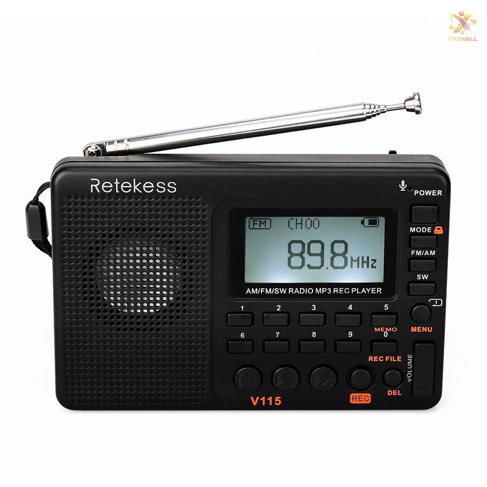 ET Retekess V-115 FM/AM/SW Radio Multiband Radio Receiver REC Recorder Bass Sound MP3 Player Speakers with Sleep Timer Black