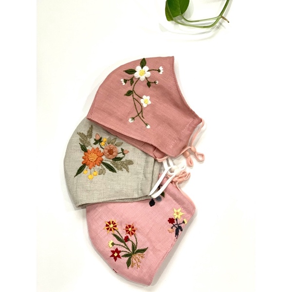 KHẨU TRANG VẢI LINEN THÊU HOA , KHẨU TRANG VẢI VẢI CAO CẤP - Embroidered face mask