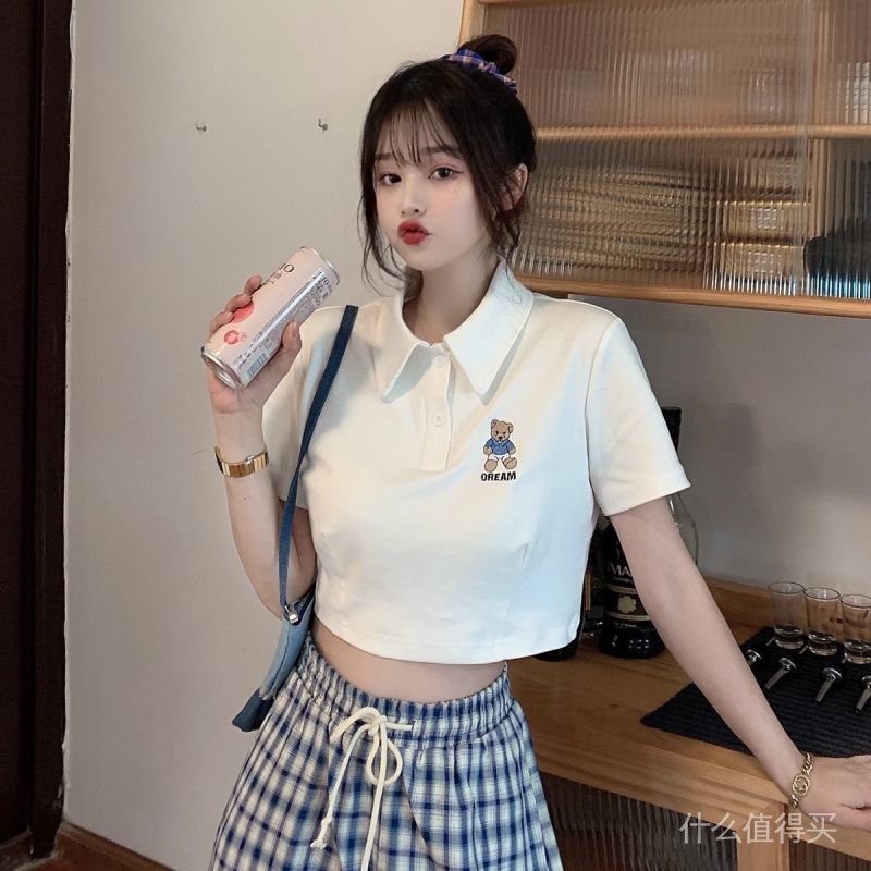 Women's 2021 spring and summer short sleeve bear t-shirts new wild thin white short high waist polo shirt | BigBuy360 - bigbuy360.vn