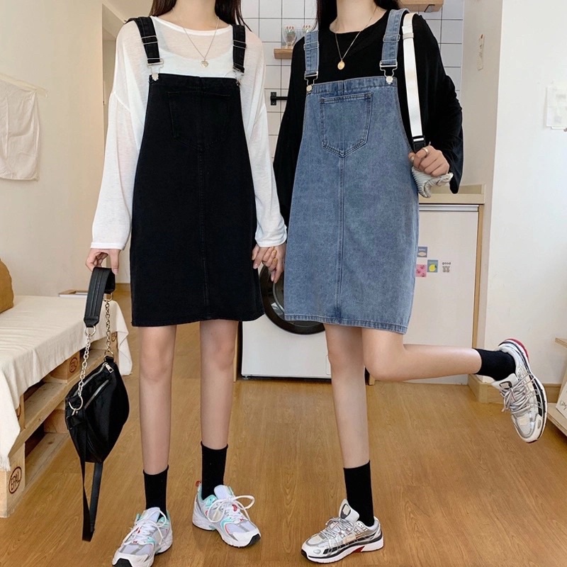 Váy Yếm Jean Nữ Màu Xanh Đen Có Túi Điều Chỉnh Dây Chất Bò Jean Loại 1 Phom Suông Phong Cách Ulzzang Basic Mặc Hàng Ngày