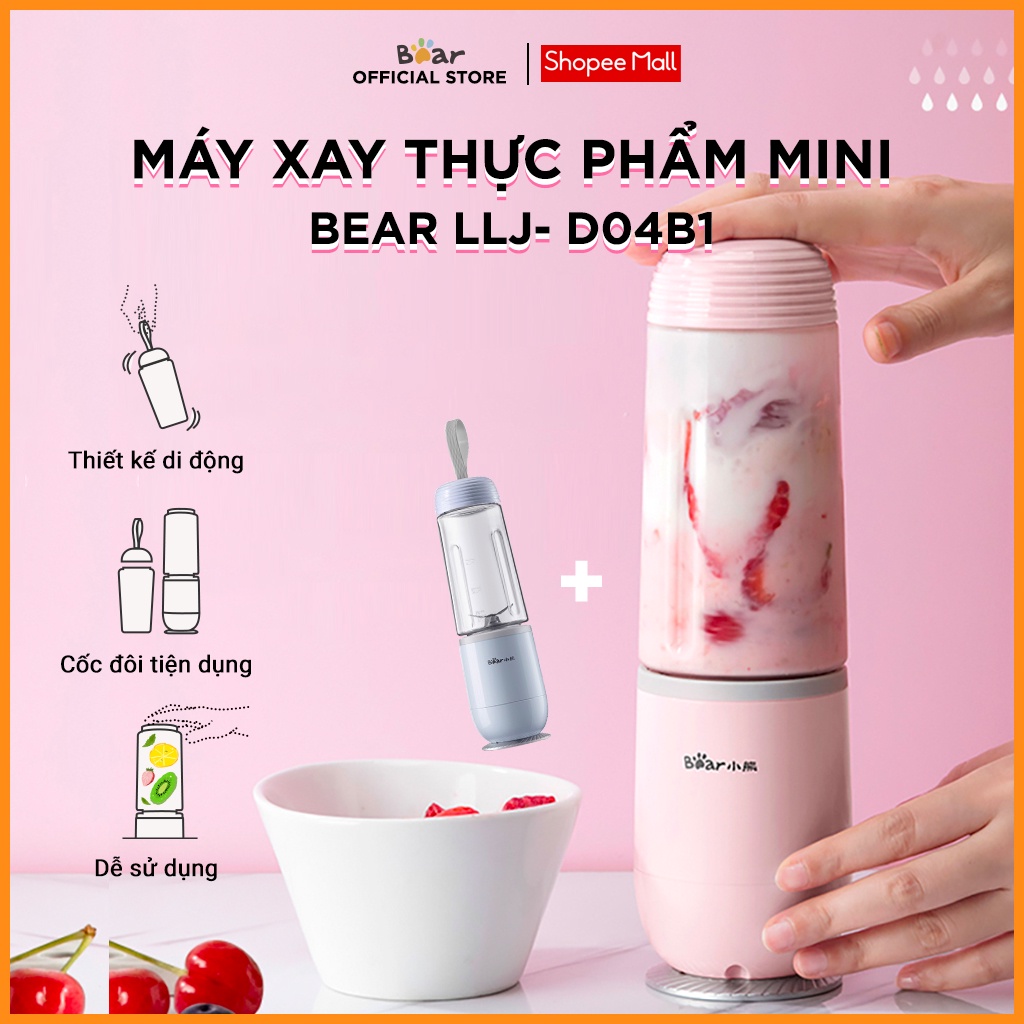 Máy Xay Sinh Tố Mini Đa Năng Bear LLJ-D04B1 - 2 cốc x 350ml - Hàng Chính Hãng - Bảo Hành 18 Tháng