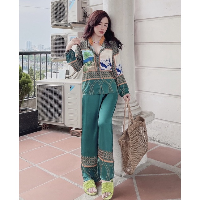 Đồ bộ pijama cổ tàu - cổ đúc trụ LỤA tay dài quần dài hoạ tiết sang trọng cho bạn nữ mặc nhà, dạo phố