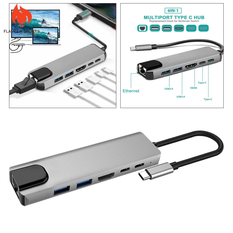 Flameer Sports  6 in 1 USB C Hub USB Type C 3.1 Adapter Dock w/ 4K HDMI PD Charge  2x USB3.0