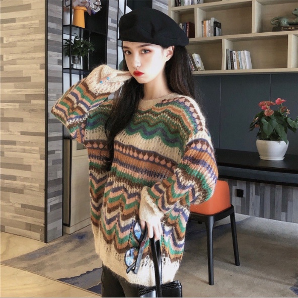 Áo len dài tay nữ form rộng, len mỏng cổ tròn phong cách Hàn Quốc
