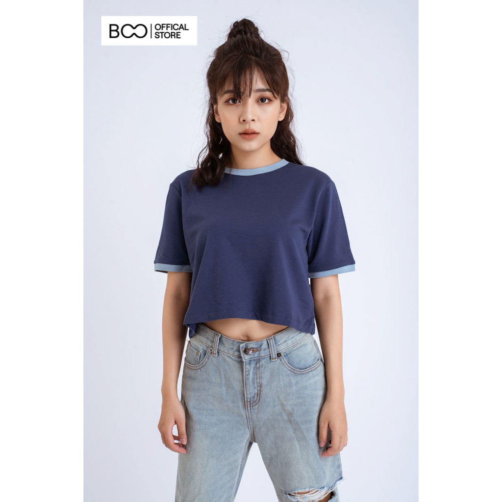 Áo Thun Croptop Nữ BOO Dáng Rộng 100% Cotton Trơn Phối Bo Gấu Màu Xanh