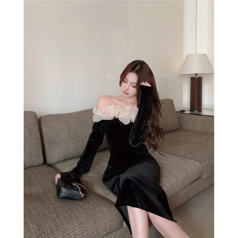 Váy dự tiệc vải nhung trễ vai phong cách sang chảnh tiểu thư hàng Quảng Châu đầu xu hướng thu đông 2021