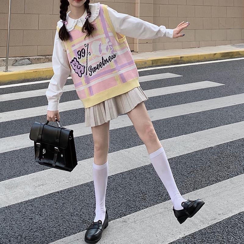 Áo dệt kim không tay in hoạt hình đáng yêu thời trang Nhật Bản