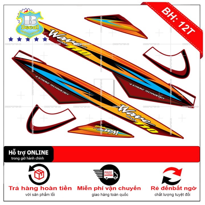 ( Quí khách vui lòng mang ra tiệm cho thợ dán ) Tem wave nhỏ đời đầu 110 dán xe đỏ