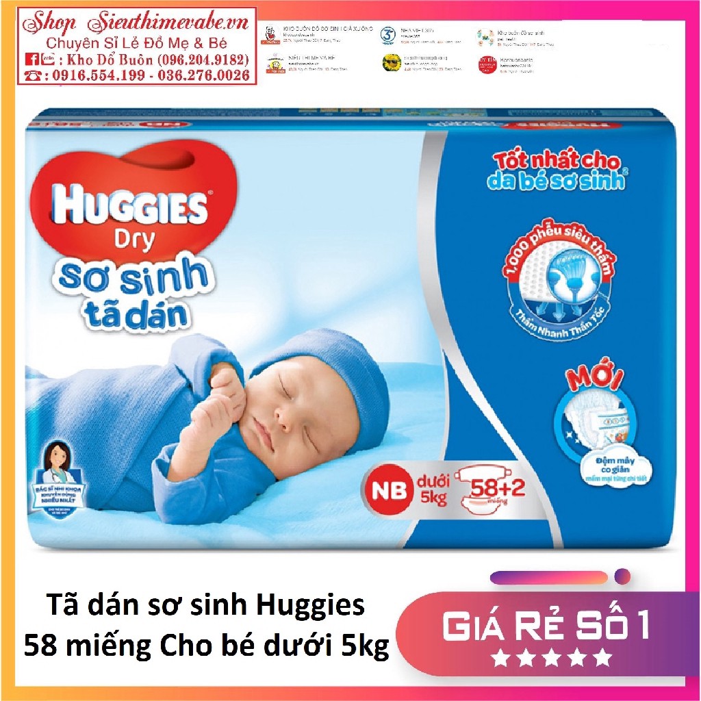 tuan0045 Tã dán sơ sinh Huggies mới 58-74 miếng NB58/NB74 (Cho bé dưới 5kg) tuan0045